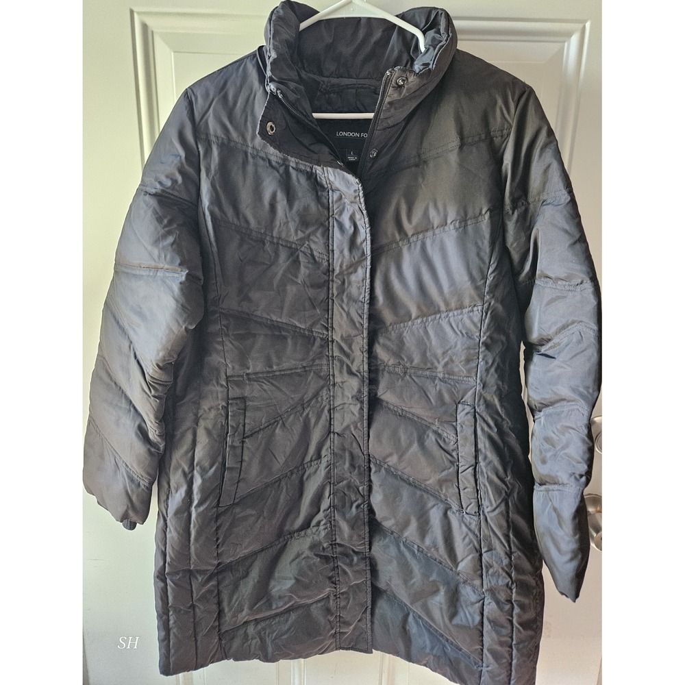 London Fog Womens Down Puffer Coat Large Black Long Winter Jacket Snap‎ Zip